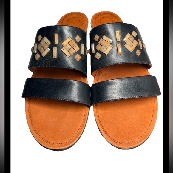 Fitflop Shoes - FITFLOP Delta Leather Black Embellished Double Strap Flat Slides Sz 9